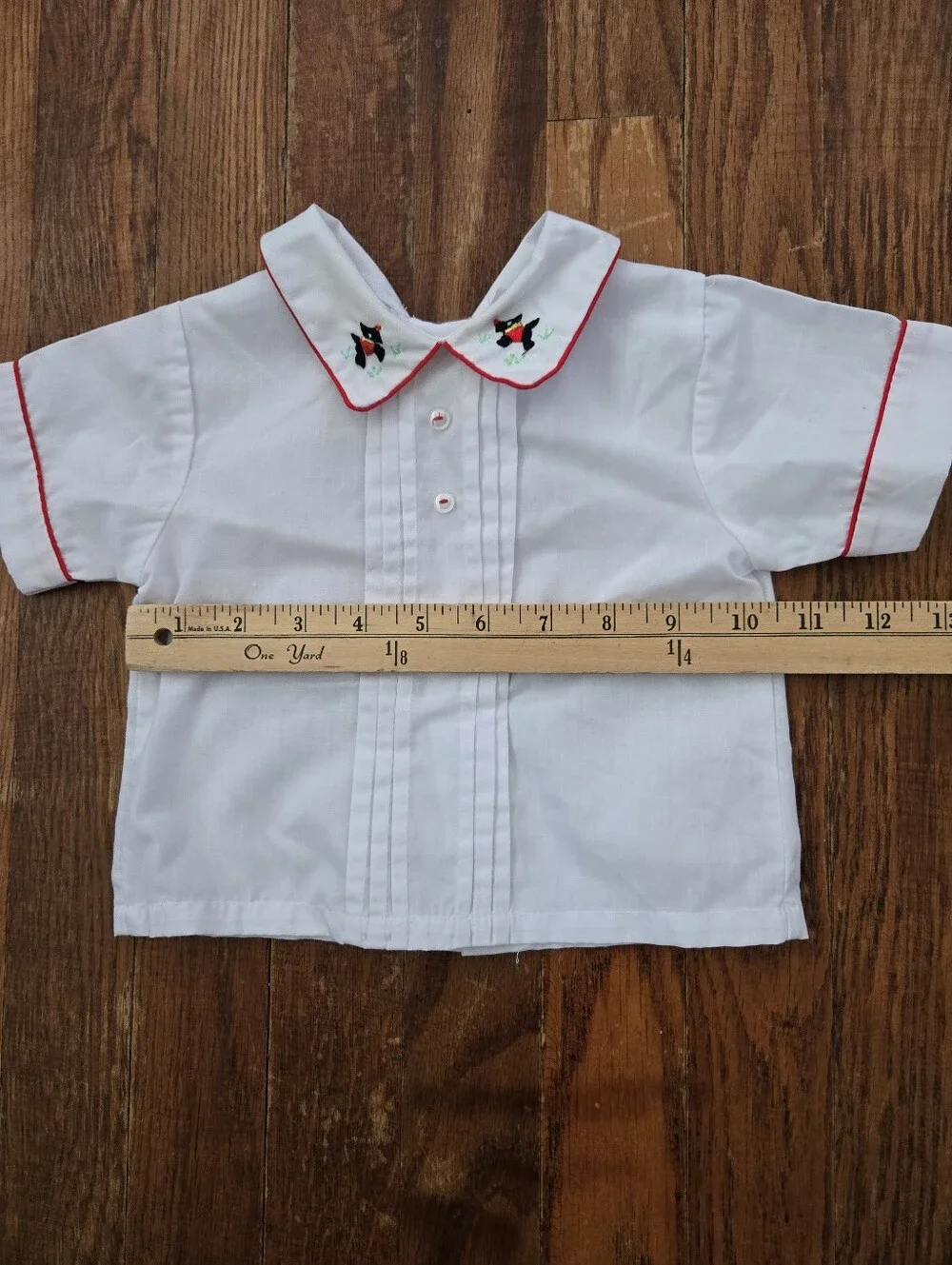 Vintage Baby 2Pc Set Red Velvet Romper Scotty Dog Embroidered Shirt 12-18M